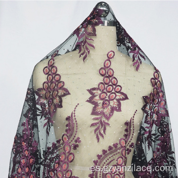 Tela de encaje de bordado indio púrpura claro para el vestido